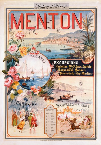 Plakat, das Menton als Winterkurort bewirbt von V. Nozeran
